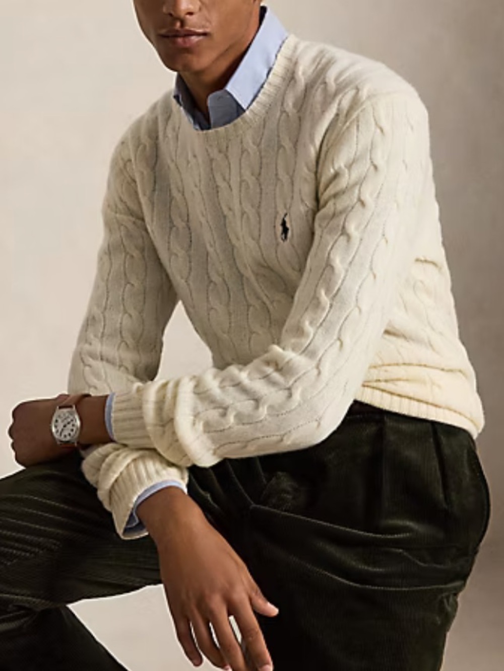 Polo Ralph Lauren Cable-Knit Wool-Cashmere Sweater in Cream Men’s Size Large